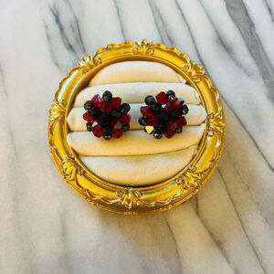 Vintage Bead Cluster Earrings |‎ Red Black Round Clip-On • Retro Cottagecore